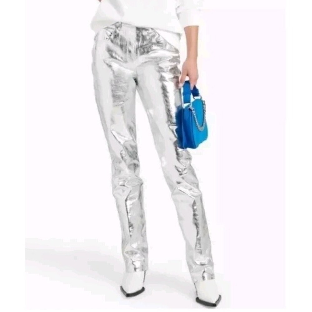 Love Fire Silver Metallic High Rise‎ Flare Jeans Size 7 Juniors Faux Leather NWT